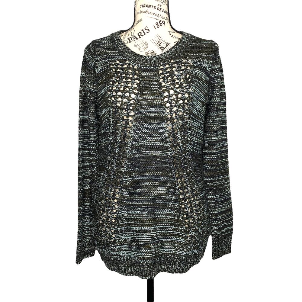 Olive & Oak (S) Marled Varied Texture Loose Open Knit Panel Crew Neck Sweater